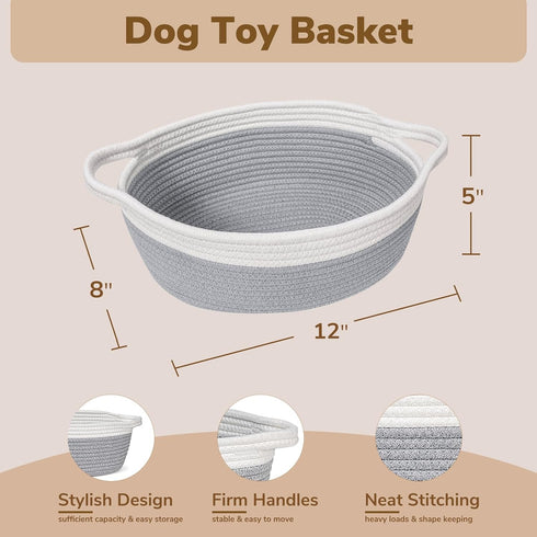 Goodpick Small Woven Storage Basket with Handles, Cotton Rope Baskets for Gifts, Dog Toys, Diapers, Gray, 12" x 8" x 5"