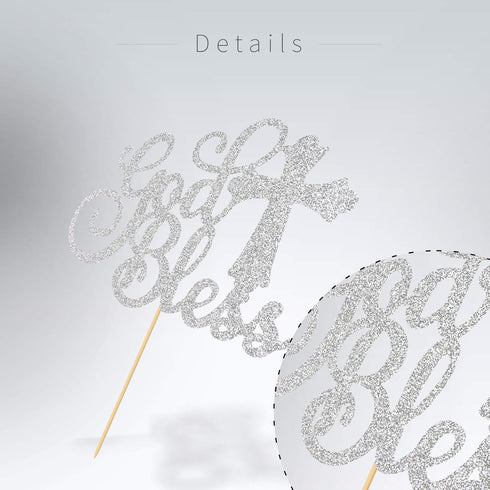 WeBenison God Bless Cake Topper Silver Glitter First Communion Baby Shower Decorations Bless This Child Party