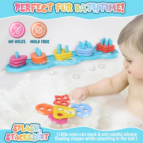 Set 20 Baby Bath Toys, Mold Free Silcone Shape Sorting & Stacking Bath Toy with Textured Floating Pieces, No Hole