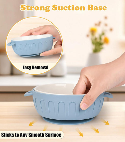 4 Packs iNeibo Porcelain Baby Bowls with Silicone Sleeve for Toddler Feeding, BPA-Free, Non Slip, Microwave