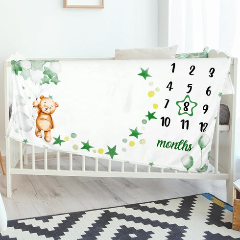 Sleeping Bear Monthly Baby Milestone Blanket Bear Star Balloon Flannel for Boys Girls Nursery (Green)