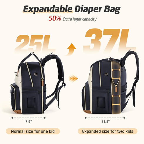 Backpack 2 25-37L Diaper Bag - Extra Large Diaper Bag for Kids Twin, Travel Baby Bags for Mom Dad Expandable