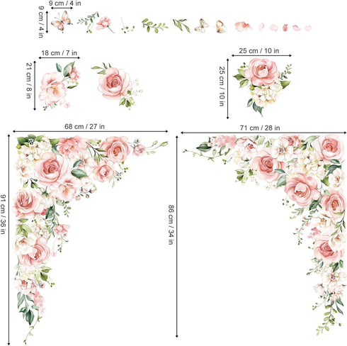 decalmile Large Pink Flower Wall Decals Pink Blossom Floral Vine Butterfly Wall Stickers Baby Nursery Girls Bedroom