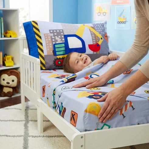 Set Set Everyday Kids Toddler Fitted Sheet and Pillowcase -Under Construction- Soft Breathable Microfiber Toddler Sheet
