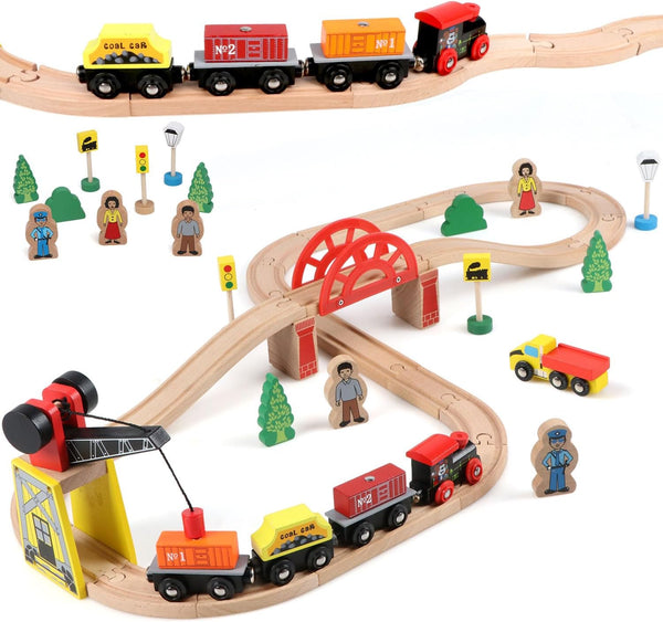Qilay Wooden Train Set for Toddler - 39 Pcs Wood Train Tracks