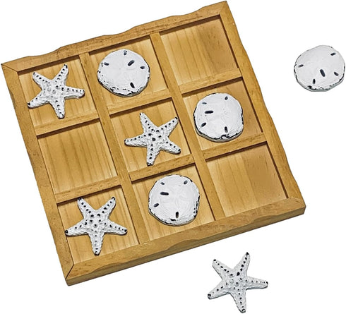 Wooden Tic Tac Toe Game Beach Decor Board Game with Sand Dollars and Starfish for family gatherings or parties 9 X 9 inch - 14 years and up