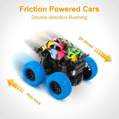 M SANMERSEN Monster Trucks for Boys, 4 Pack Push and Go Friction Powered Cars, 360° Rotating Stunt Car Gifts
