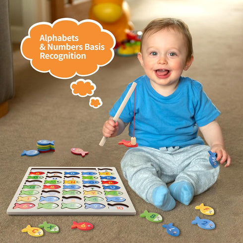Wooden Magnetic Fishing Game for Toddlers - Montessori Fine Motor Skills Toy with Letters and Numbers