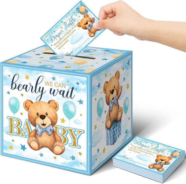 Spakon 51 Pieces Bear Diaper Raffle Tickets with Box Blue for Baby