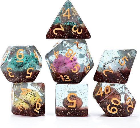 Gate Keeper Games and Dice: Inclusion Dice - 7pc RPG Set with Multi-Colored Dino Eggs & Brown Glitter