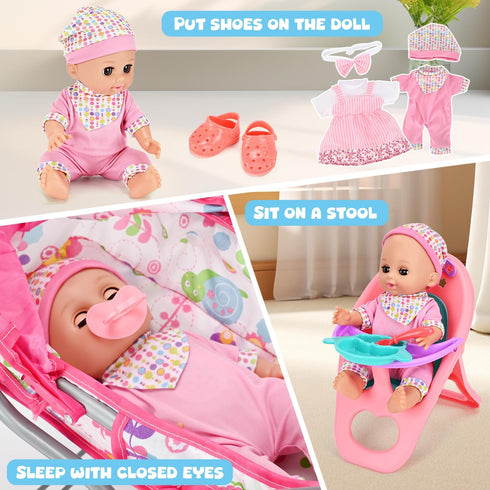 ALLROAD Set 12.5'' 2 3-5 4-6 5-7 Baby Doll Stroller Toy with Doll and Accessories- Doll Clothes, Diaper, Dining Chair