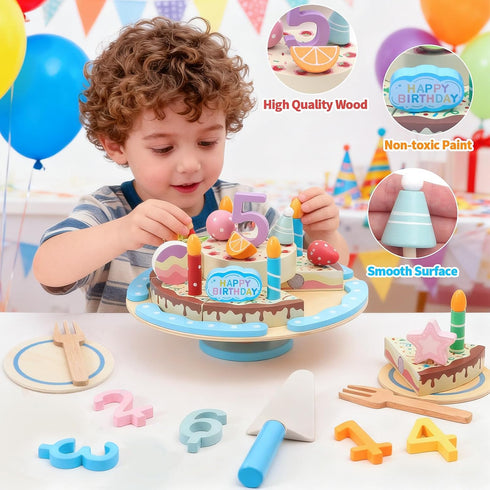 Set HAPGFS Wooden Birthday Cake Toy for Kids, Realistic Birthday Cake with Candles and Fruits for Pretend Play, Wooden