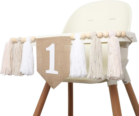 1st 1st BOOMPA White Birthday High Chair Banner - Wood Bead Tassel Garland - Pure Angel Birthday Photo Backdrop - Wall