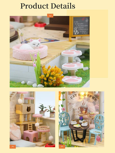 DIY Miniature House Kit for Adults, 3D Wooden Mini Dollhouse Kit, Lovely Cats Coffee Garden Home Decor Gift