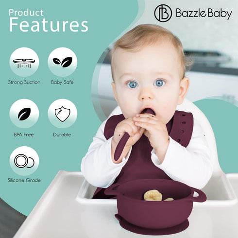 Bazzle Baby 3-Piece Silicone Suction Bowls with Lid and Spoon, BPA Free, for 4-36 Months