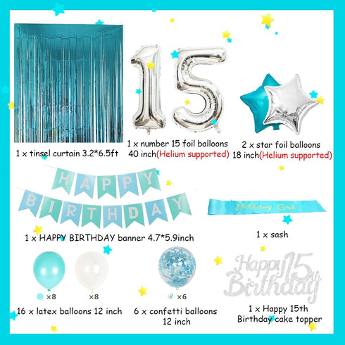 15th Birthday Decorations Teal Blue, Happy Birthday Banner, Sash, Number 15 Star Foil Balloons for Party Supplies