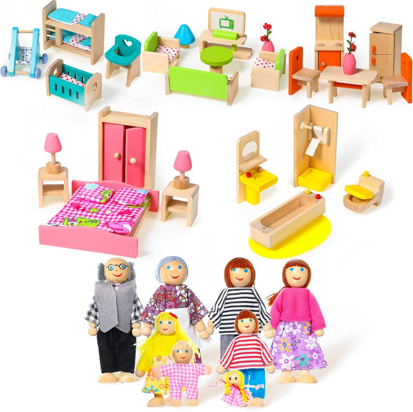 Civaner 52 Pcs Wooden Dollhouse Furniture Set - Miniature Doll House Accessories for 1:12 Scale Dolls