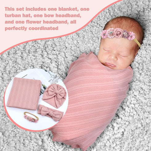 4pcs Cinaci Dusty Pink Soft Nursery Newborn Baby Receiving Swaddle Blanket with Matching Turban Hat Bow Headbands