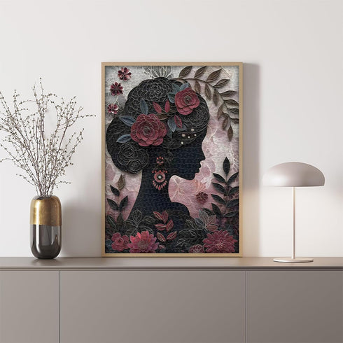 PICKFORU 1000 Impossible Puzzle for Adults Pieces, Black Girl Puzzles Flower Plant Aesthetic Art, Floral Elegant Black