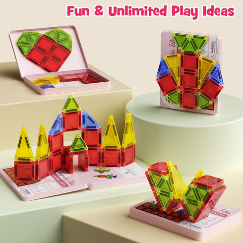 Niukdier 26PCS Set 3+ Mini Magnetic Tiles Travel Iron Box Storage Baseplate, Portable Magnetic Building Blocks STEM Toy