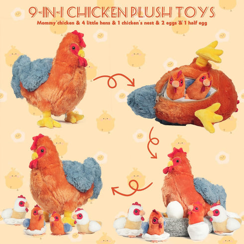 9 1 Set, in Chicken Stuffed Animal Stuffed Chicken Plush Toy with Zippered Belly, Egg Laying Hen with Chicks and Eggs
