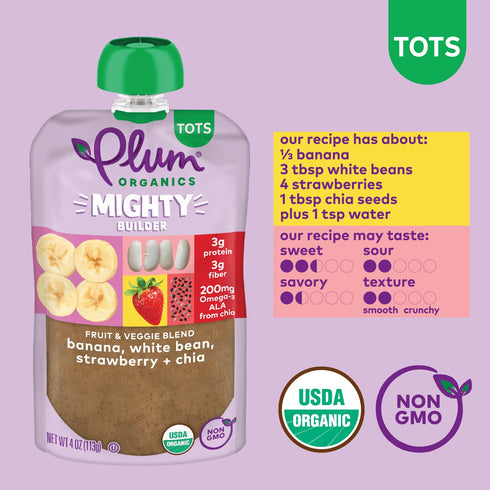 Plum Organics Mighty Builder Organic Toddler Food - 4 oz Pouch (Pack of 12) - Banana, White Bean, Strawberry, and Chia