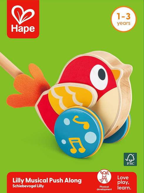 22.05 Inch Hape Lilly Musical Push Along | Wooden Push Along Baby Walking Bird, Playful Kids Toy with Detachable Stick