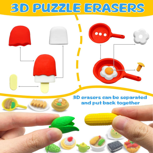 LanMa 70PCS Cute Food Erasers Set for Kids, Fruit Desserts Cake Puzzle, Classroom Prizes Party Gifts