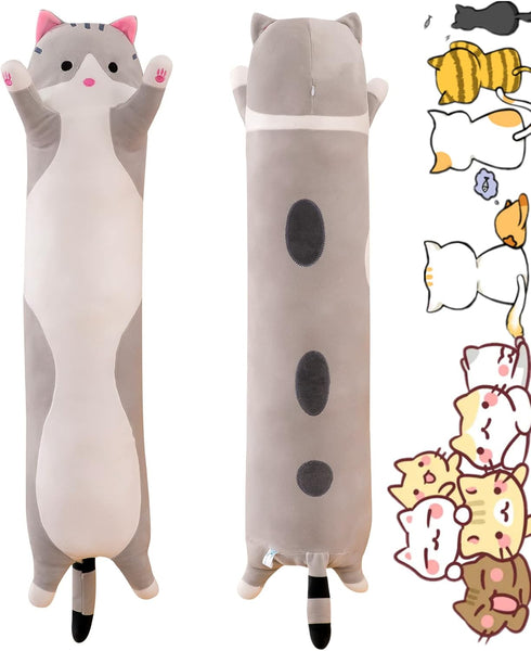 Lonng Gray Cat Plush Pillow Toy, Cute Cartoon Cat Stuffed Animals, Soft Long Body Pillow Gift for Kids (19.68in)