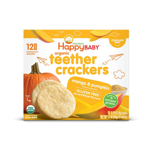 12-0.14 oz Packs Happy Baby Organics Organic Teether Crackers Gluten Free Mango & Pumpkin with Amaranth
