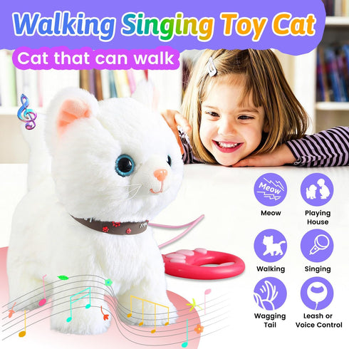 Marsjoy Set White Leash Walking Cat Singing That Purrs and Meows Animated Plush Robot Kitten Pet Moving Plush Realistic