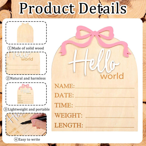 Piriuuo 5.9in 3D Hello World Newborn Sign, Welcome Baby Sign- Pink Bow Birth Announcement Sign for Hospital Hello World
