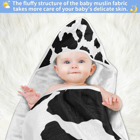 WELLDAY 30x30 Inch Cow Patter Black White Print Baby Towel Ultra Soft Hooded Towels for Babies - Ultra Absorbent Cotton