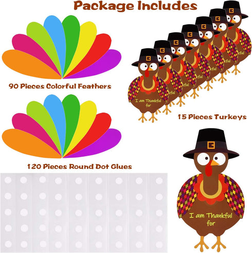 FEPITO 105 PCS DIY Turkey Craft Kit - Colorful Feathers, Dot Glues, Thanksgiving Stickers for School Activities