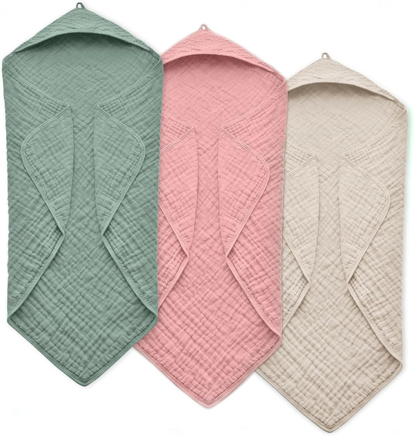 Hooded Baby Towels for Newborn, 35x35 Inch 3 Pack 100% Muslin Cotton