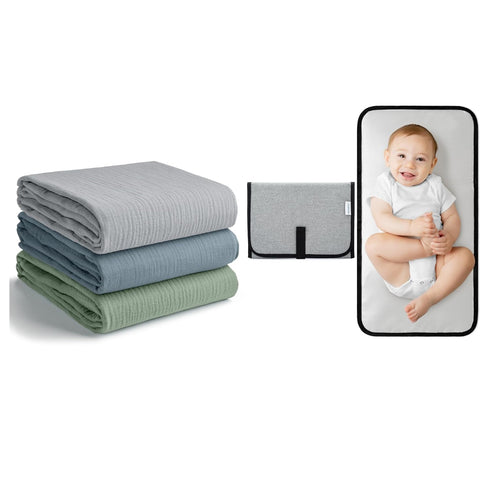 Comfy Cubs Muslin Swaddle Blankets Pack of 3 and Baby Changing Pad