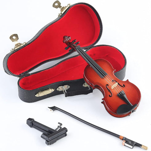 Dselvgvu Wooden Miniature Violin with Stand, Bow & Case - Mini Musical Instrument Dollhouse Model Decoration