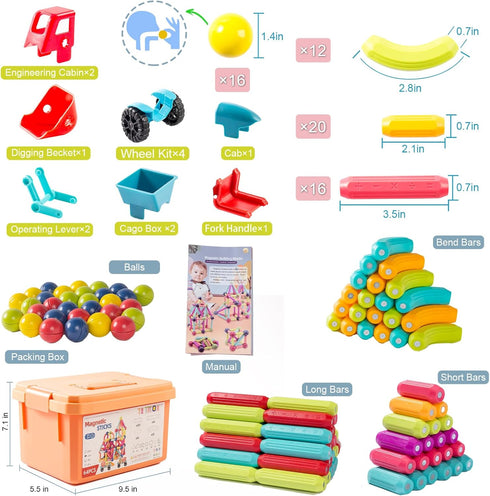 Magnetic Blocks Kids Toys, 64Pcs Large Magnetic Building Sticks for STEM Learning, Includes 2 Cars
