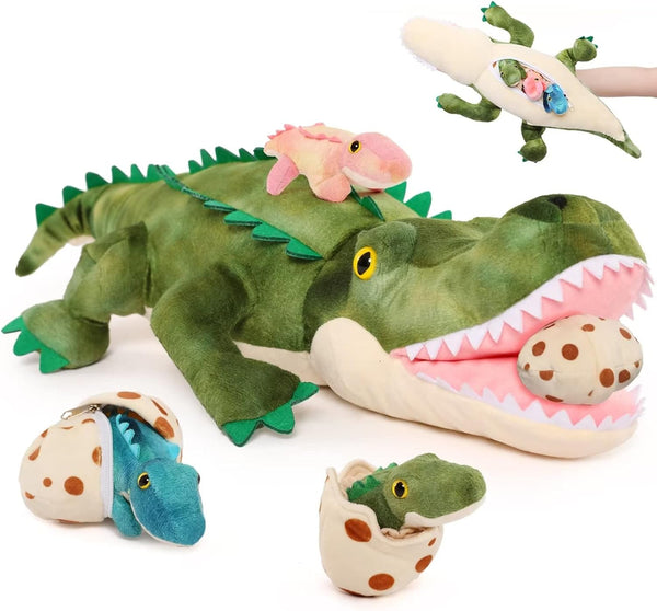 7Pcs Alligator Stuffed Animal, 23.6" Giant Crocodile Plush Toy with 3 Baby