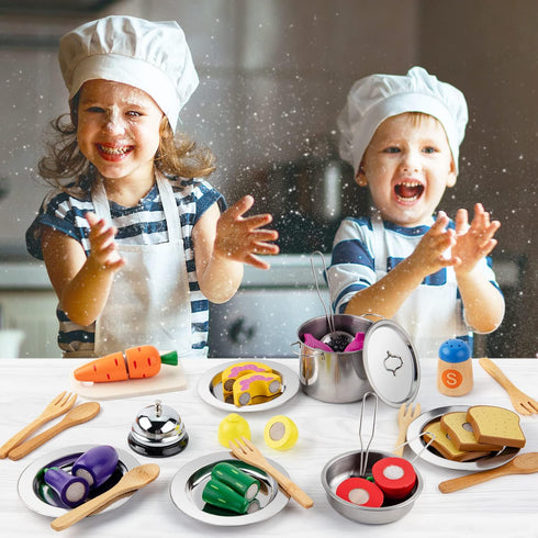 Set Juboury Pretend Play Kitchen - Toy Kitchen Accessories with Stainless Steel Cookware Pots and Pans, Plates, Cooking