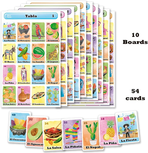 Fiesta Bingo Game Set in Spanish - Mexican Bingo for 10 Players with 10 Boards and Full Deck of Cards