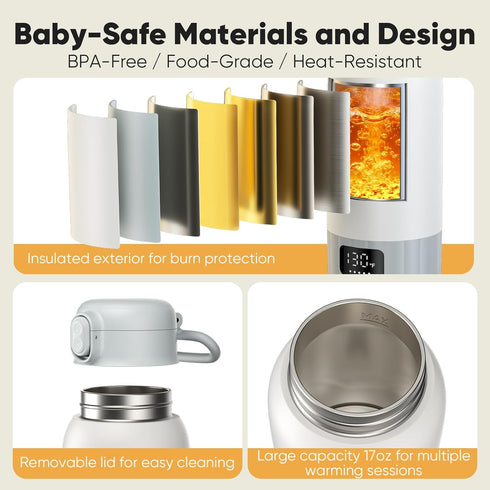 17 OZ 98F -131F, Portable Bottle Warmer for Travel, Fast Heating Milk Warmer On The Go, Water Warmer for Breast Milk