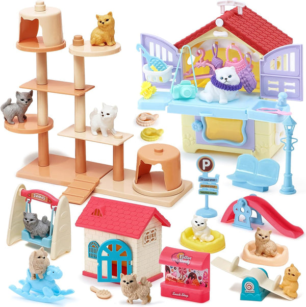 Golray 66Pcs Cat Toys for Kids, 3 In 1 Pet Pretend Play Toys with Cat Figurines, DIY Cat Tree & Playground