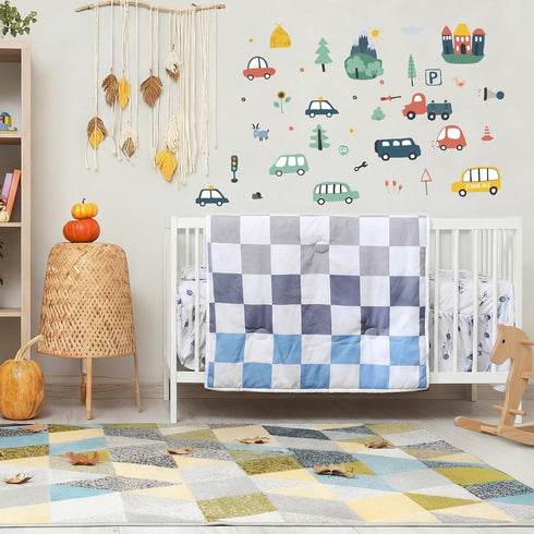 5 Set SmoothNovelty Pcs Cars Theme Baby Crib Bedding Include Checkered Crib Sheets Bed Skirt Comforter Pad Cover Wall