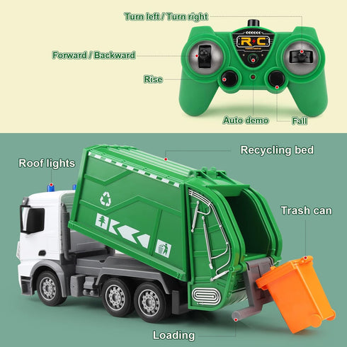 2.4Ghz Remote Control Garbage Truck Toys for Boys with Trash Bin Real Lights 1/24 Scale Recycling Truck
