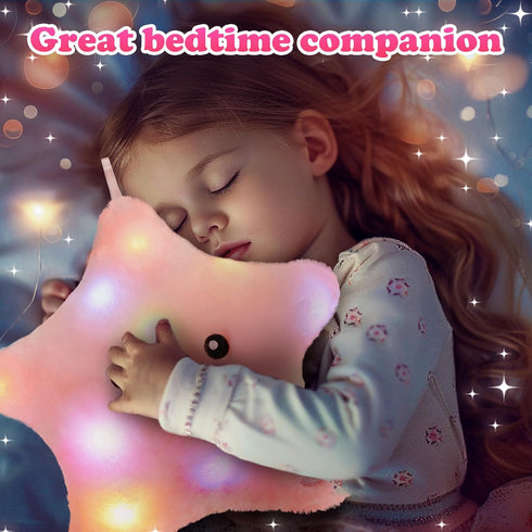 WEWILL 9'' LED Twinkle Star Soft Plush Pillow - Glowing Stuffed Star Light up Pillow with Colorful Night Lights (Pink)