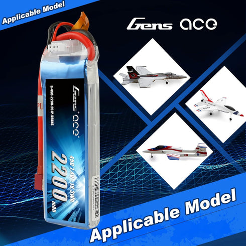 Gens ace 7.4V 2200mAh 2S 45C Pack 70MM 450 LiPo Battery Deans Plug for EDF Rc Plane Helicopter Rc Boat
