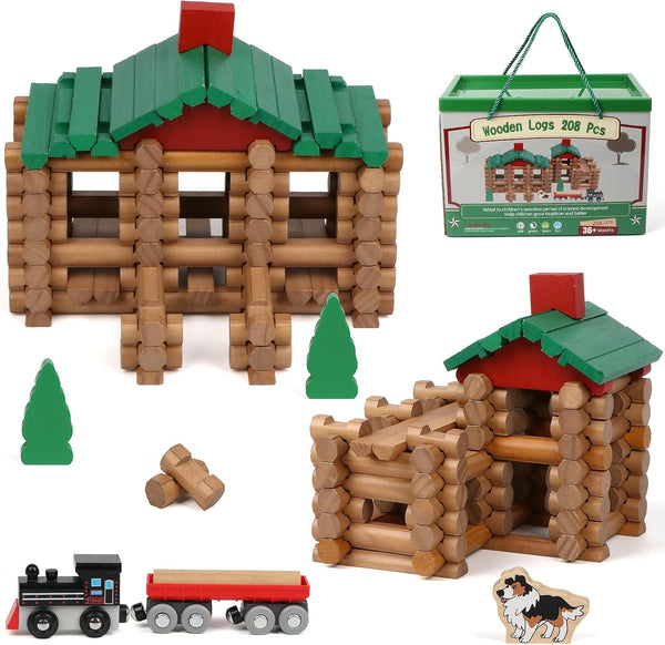 Wondertoys 208 Pcs Classic Wooden Log Set, Real Wood Building Logs for Ages 3+, Retro Gift Set for Boys
