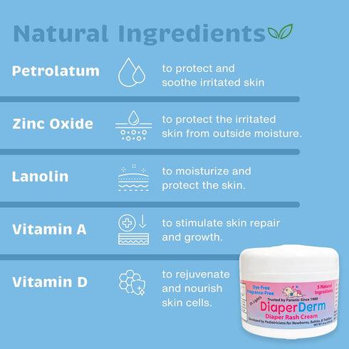 DiaperDerm Baby Diaper Rash Cream, Pediatrician Formulated with 5 Ingredients for Gentle, Happy, and Rash-Free Skin