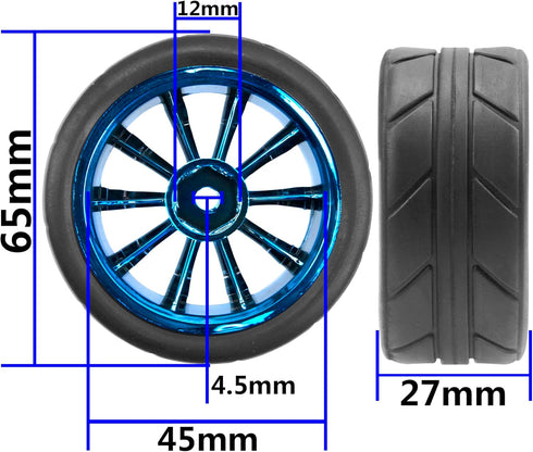 ShareGoo OD 2.55" Rubber Tires w/Plastic Wheel Rims 12mm Hex Compatible with HSP Tamiya Kyosho Traxxas Sakura WLtoys 1/10 RC On Road Racing Touring Car (Blue)